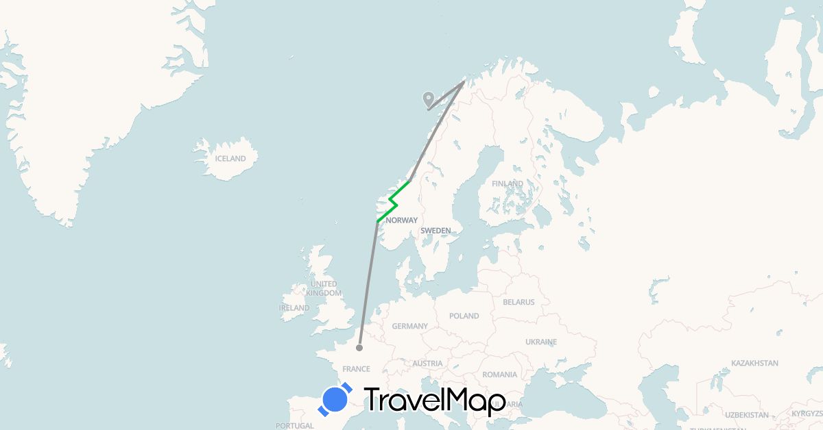 TravelMap itinerary: driving, bus, plane in France, Norway (Europe)
